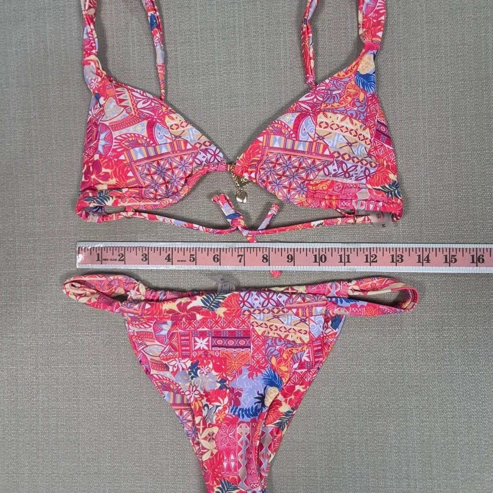 Pink Tropical Patchwork Triangle Bikini Set Women Size M Gold Charm Detail
